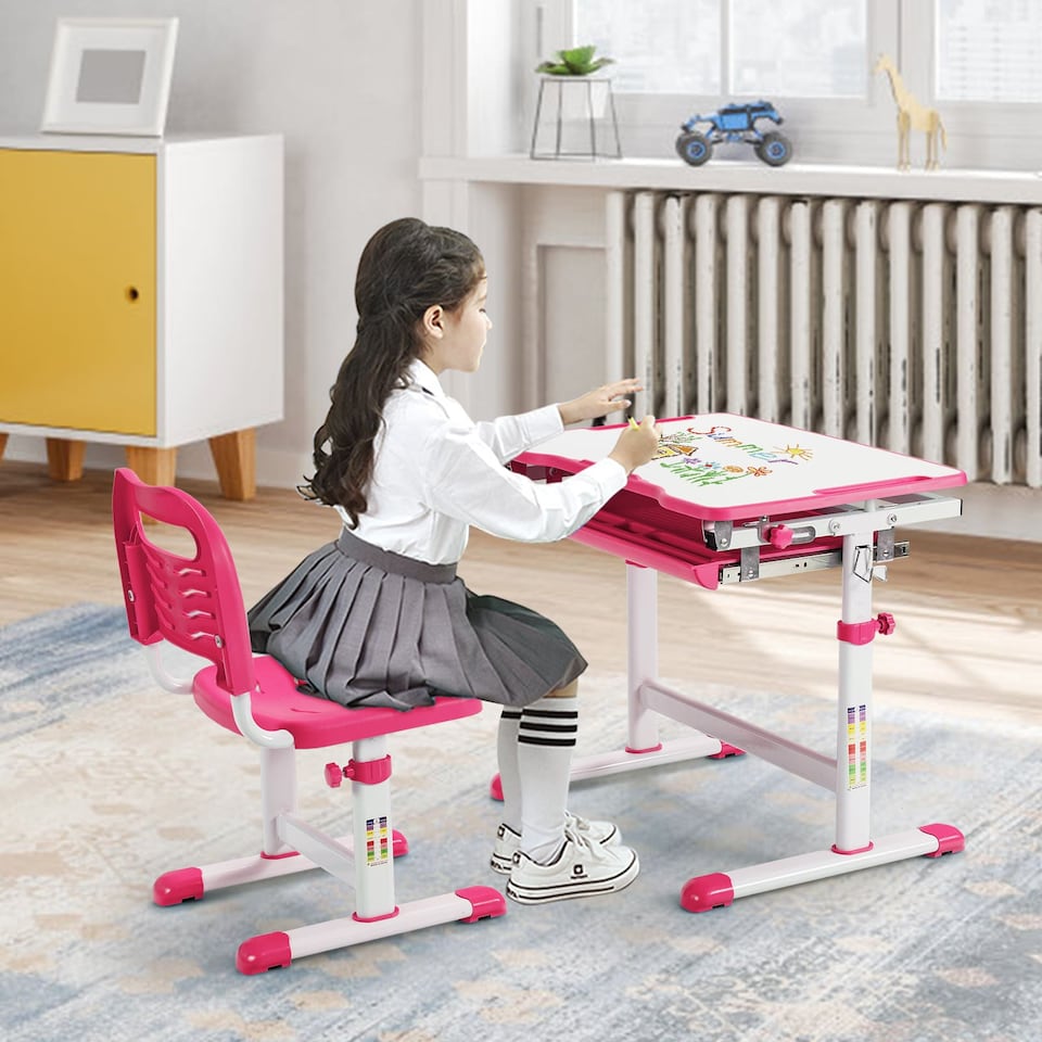 image 1 of COSTWAY Height Adjustable Kids Study Table and Chair Set with Tilting Tabletop-Pink
