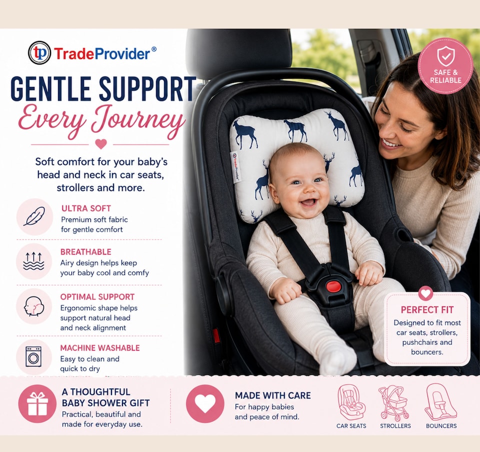 image 1 of TradeProvider® Baby Head Support Cushion for Pram, Pushchair, Stroller, Infant Support Pad, Newborn Travel Headrest (Cloud Dreams Collection)