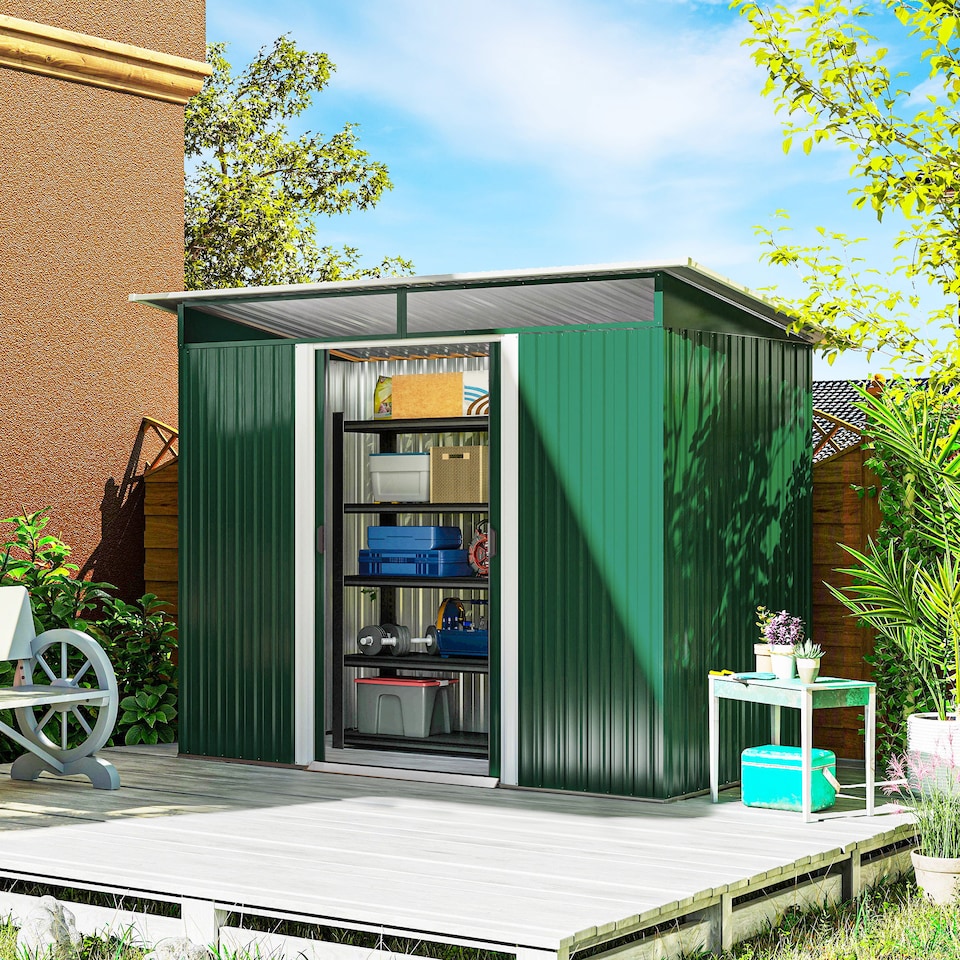 image 1 of Outsunny 8.5 x 4ft Metal Shed with Lightsky Panels, Garden Storage Tool House with Double Doors for Garden, Patio and Lawn, Green