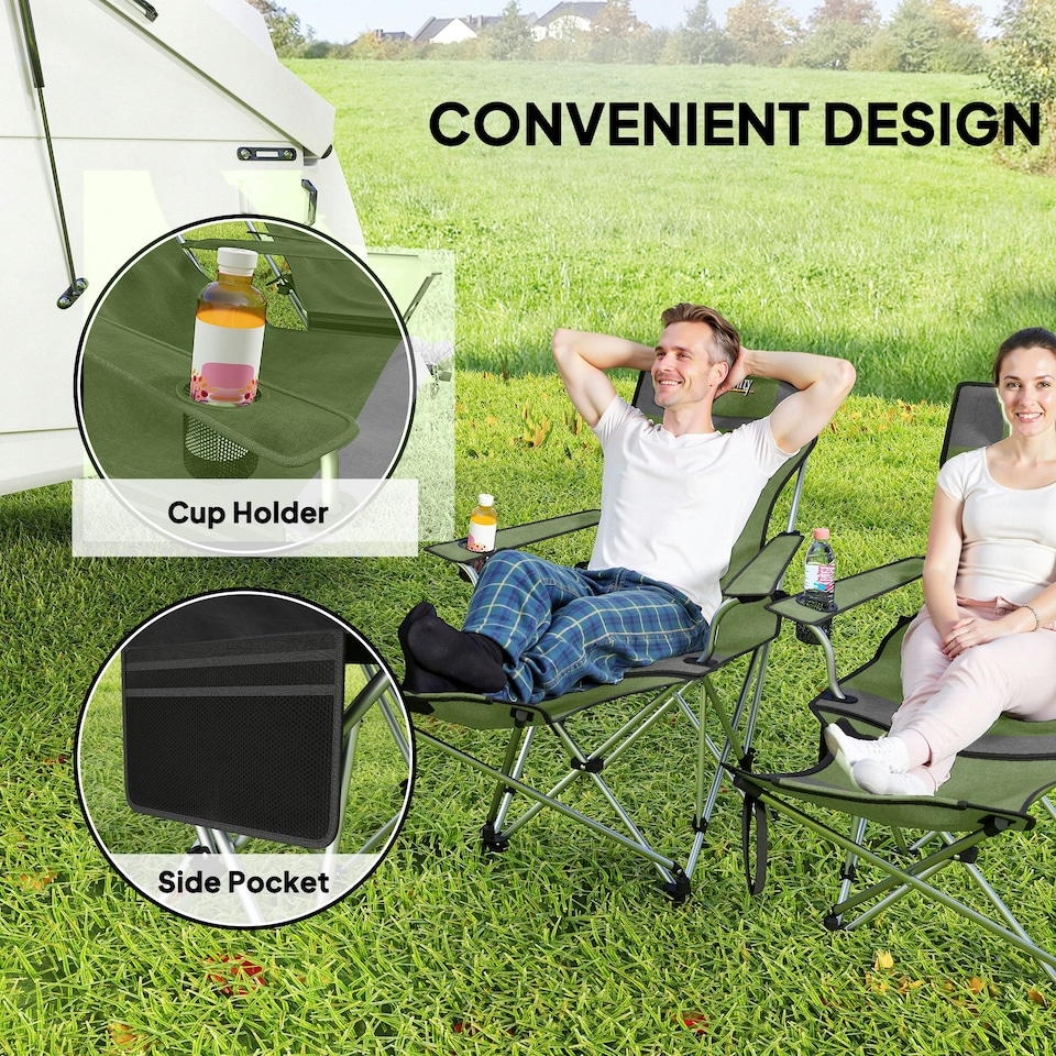 image 1 of Outsunny Set of 2 Reclining Camping Chairs Green | Olive Green, Grey