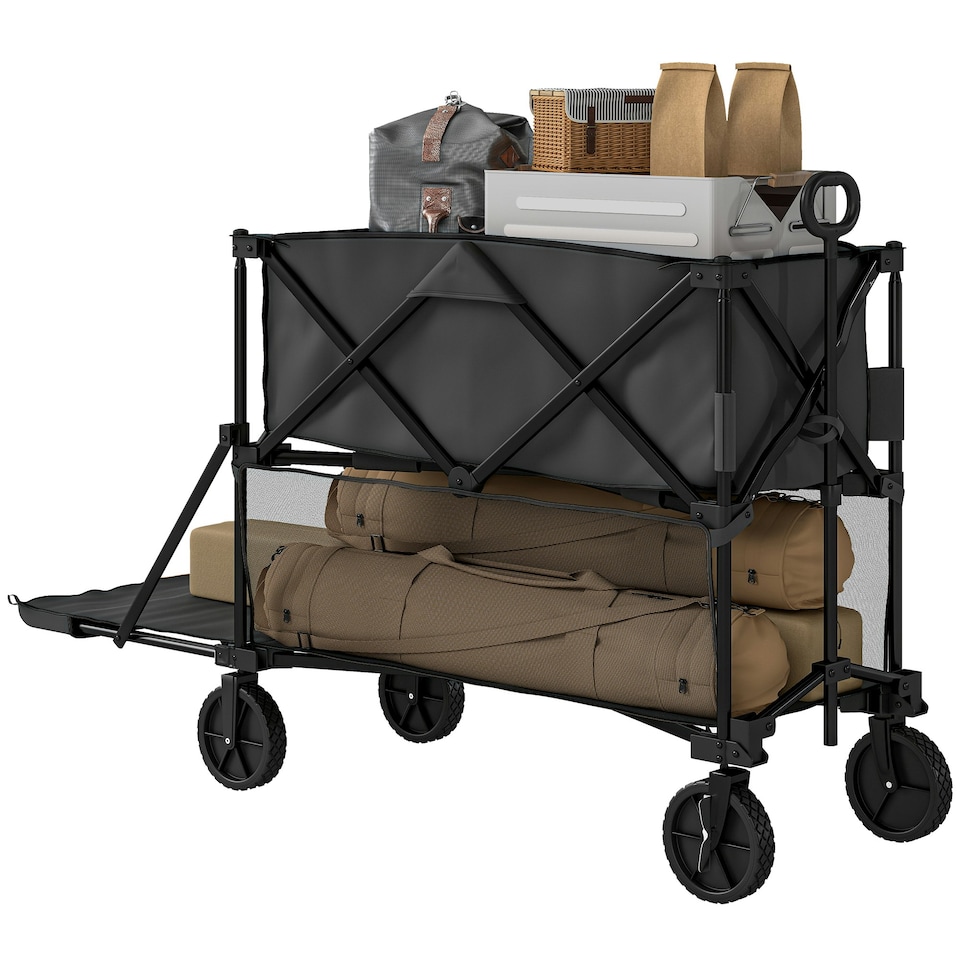 image 1 of Outsunny Double Decker Folding Trolley Cart on Wheels, 200KG Capacity Black