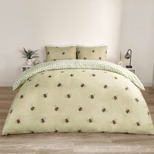 OHS Bee Check Reversible Print Duvet Quilt Cover Bedding Set, King - Sage Green