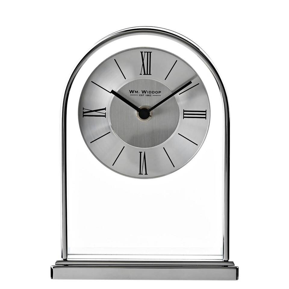 image 1 of Wm.Widdop Chrome & Wood Veneer Mantle Clock Chrome | Brown
