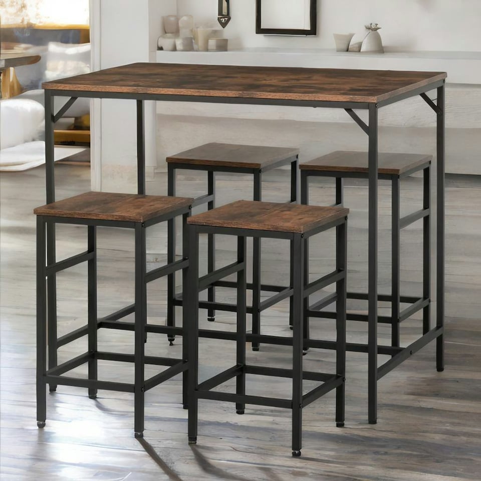 image 1 of Industrial Dining Table And 4 Stools Set Rustic Brown Brown