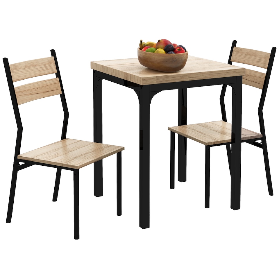image 1 of HOMCOM 3 Pieces Compact Dining Table 2 Chairs Set Wooden Metal Legs Bistro Cafe Kitchen Breakfast Bar Home Furniture, Light Wood Grain