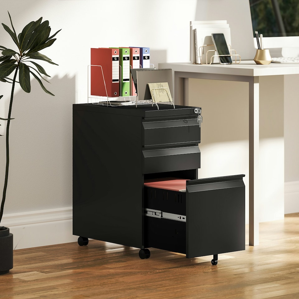 image 1 of Vinsetto Steel File Cabinet with Lock and Wheels for Home Office, Black Black | Black