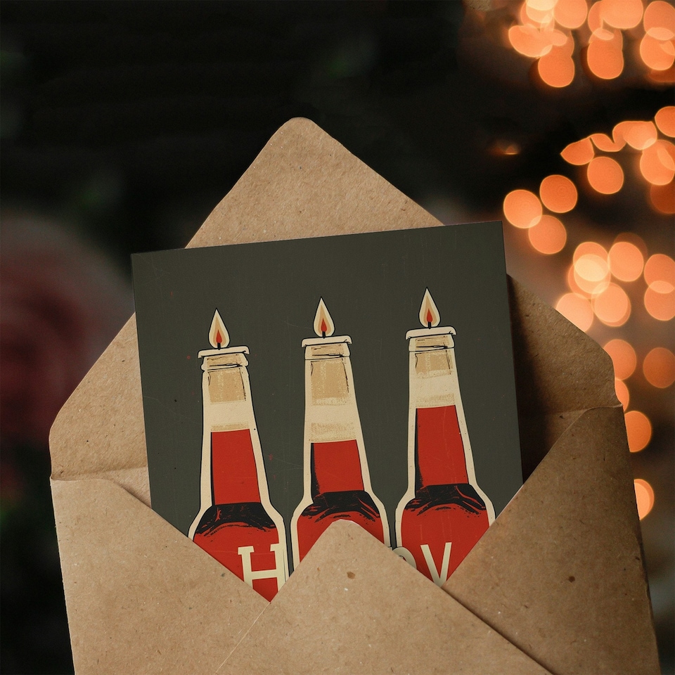 image 1 of Red Beer Bottle Candles Drawing For Him Birthday Card