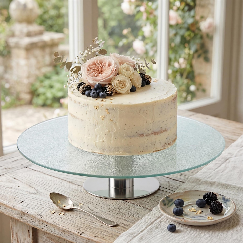 image 1 of GEEZY Rotating Cake Stand Serving Display Platter Silver Finish 30cm