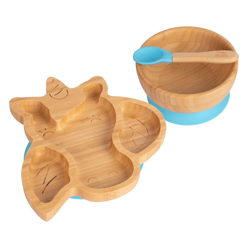 image 1 of Tiny Dining Children's Bamboo Suction Unicorn Dinner Set - Blue