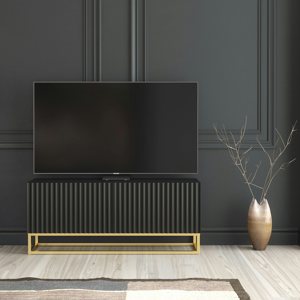 image 1 of TV Unit 100cm Black Matt Fluted Fronts with Gold Metal Base Black