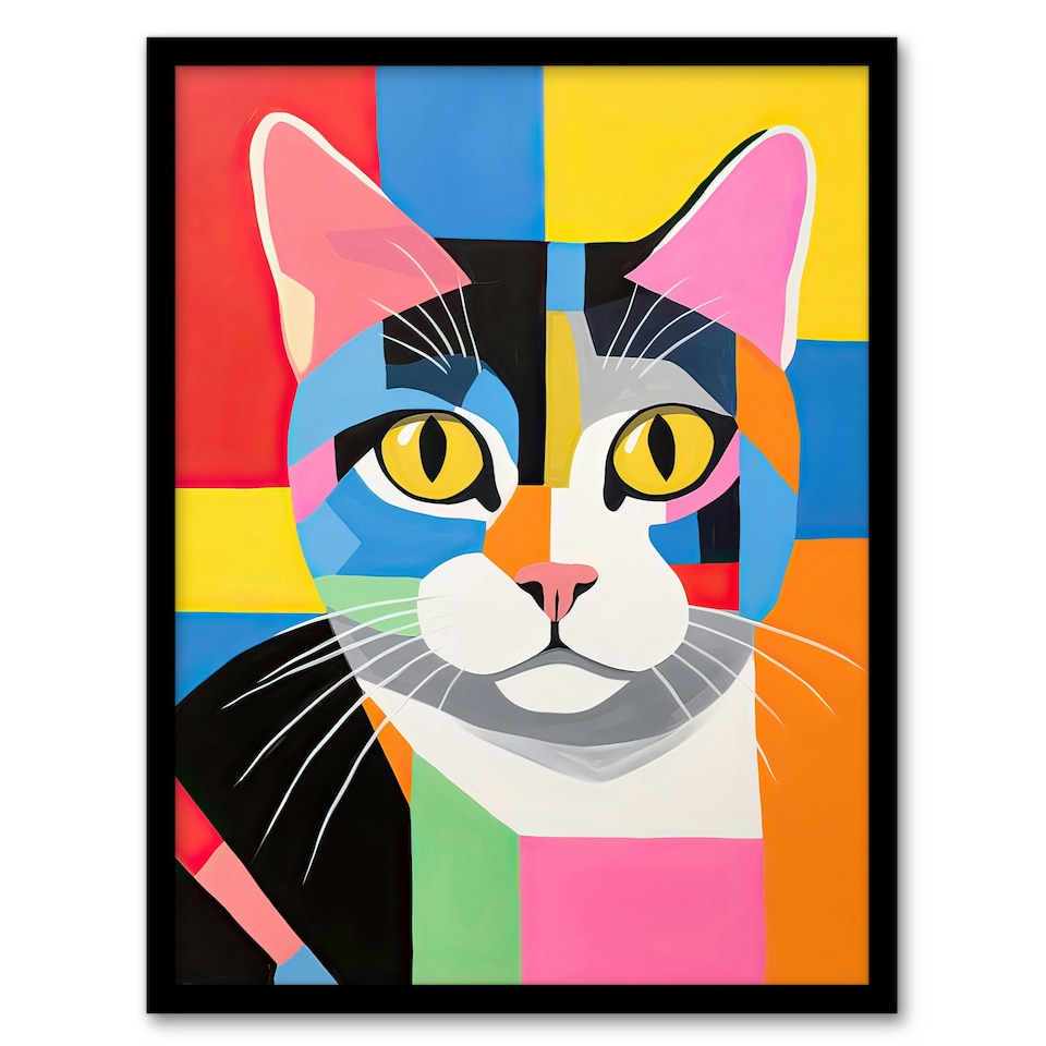 image 1 of Fun Abstract Pop Art Tabby Cat Vibrant Home Decor Black Framed Wall Art Print A4