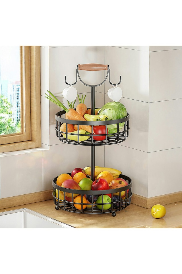 image 1 of Living and Home 2-Tier Fruit Basket with Hangers and Wooden Handle