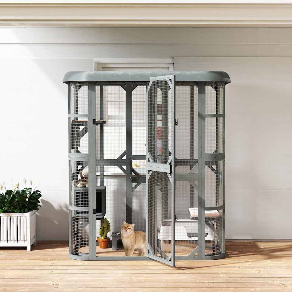 image 1 of PawHut Walk-in Catio, Outdoor Cat Enclosure with 4 Jumping Platforms, Condo and Waterproof Cover, Outdoor Indoor Large Cat House for 2-3 Kittens ,Grey