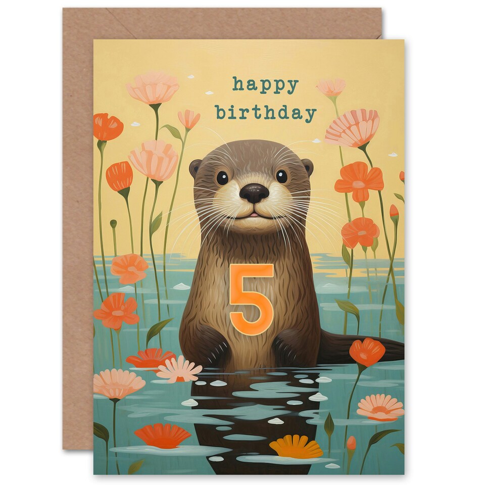 image 1 of Kids Age 5 Cute Otter Lake Flowers Child Daughter Girl 5th Birthday Card