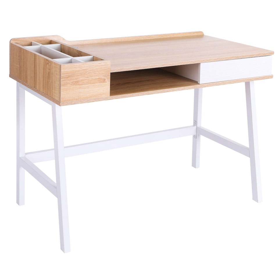 image 1 of HOMCOM Computer Desk, Writing Desk, Study Workstation with Drawer, Storage Compartments, Cable Management, Laptop Table, Metal Frame, 100 x 55 x 81.5cm, Oak and White