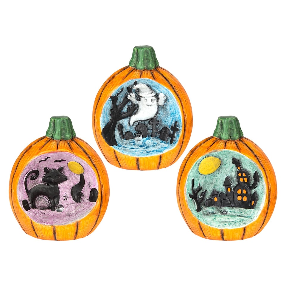 image 1 of vfm-estore Halloween LED Pumpkin Scenes 3-Pack - Cat, Ghost, House Multicolour Decorations