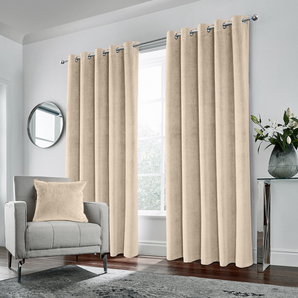 image 1 of Luxury Enhanced Living Cream Velvet, Supersoft, 100% Blackout, Thermal Pair of Curtains with Eyelet Top - 90 x 72 inch (229x183cm) | Cream | Cream | 2