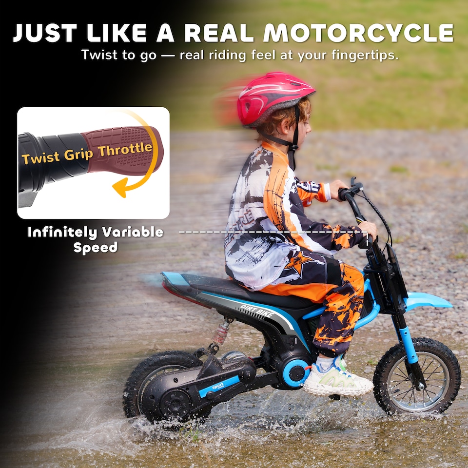 image 1 of HOMCOM 24V Kids Electric Motorbike with Twist Grip Throttle, Music, Horn, 12 Pneumatic Tyres, Max Speed 16kmithh, for Ages 8-12 Years - Blue