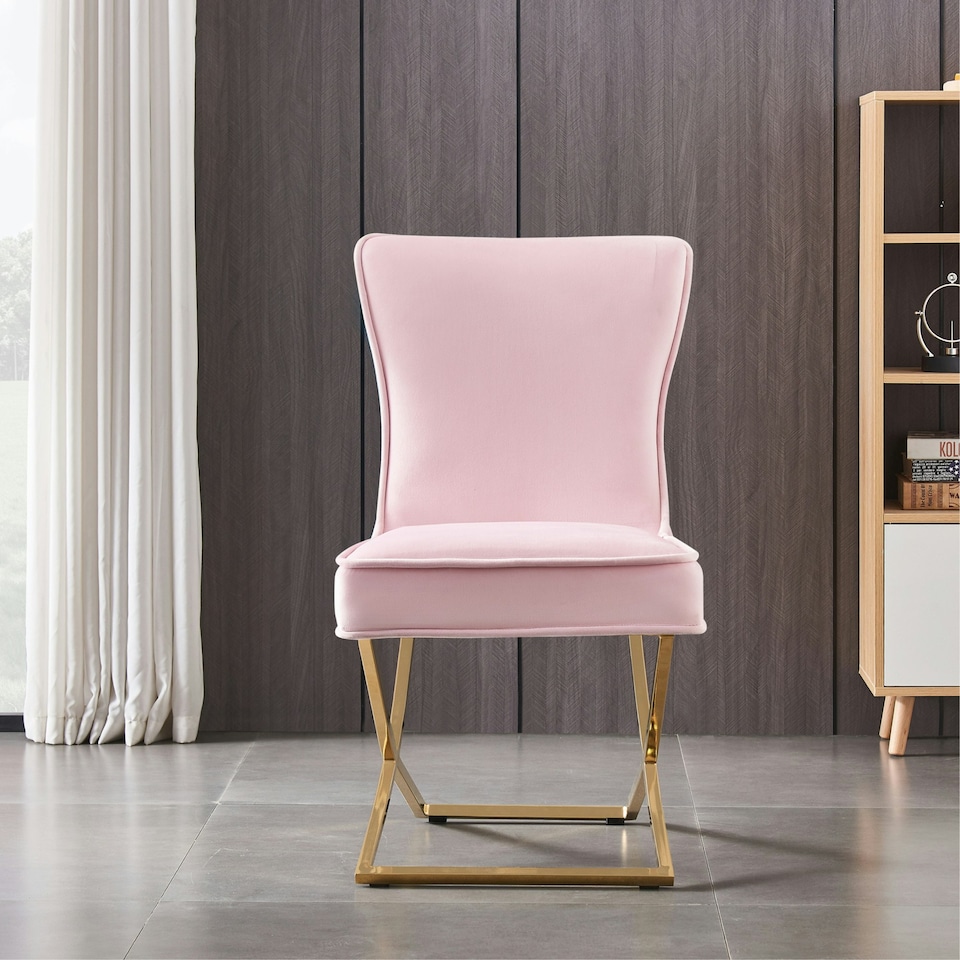 image 1 of Set of 2 Trafalgar Velvet Dining Chairs with Gold Crossed Legs - Modern Upholstered Accent Chair | Pink