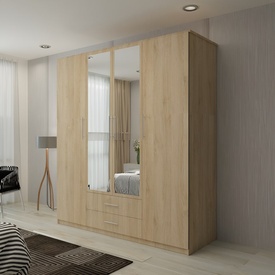 image 1 of Modern Space-Saving 4-Door Hinged Wardrobe with Central Mirrored Doors - 8 Shelves & 2 Drawers, 171cm Wide