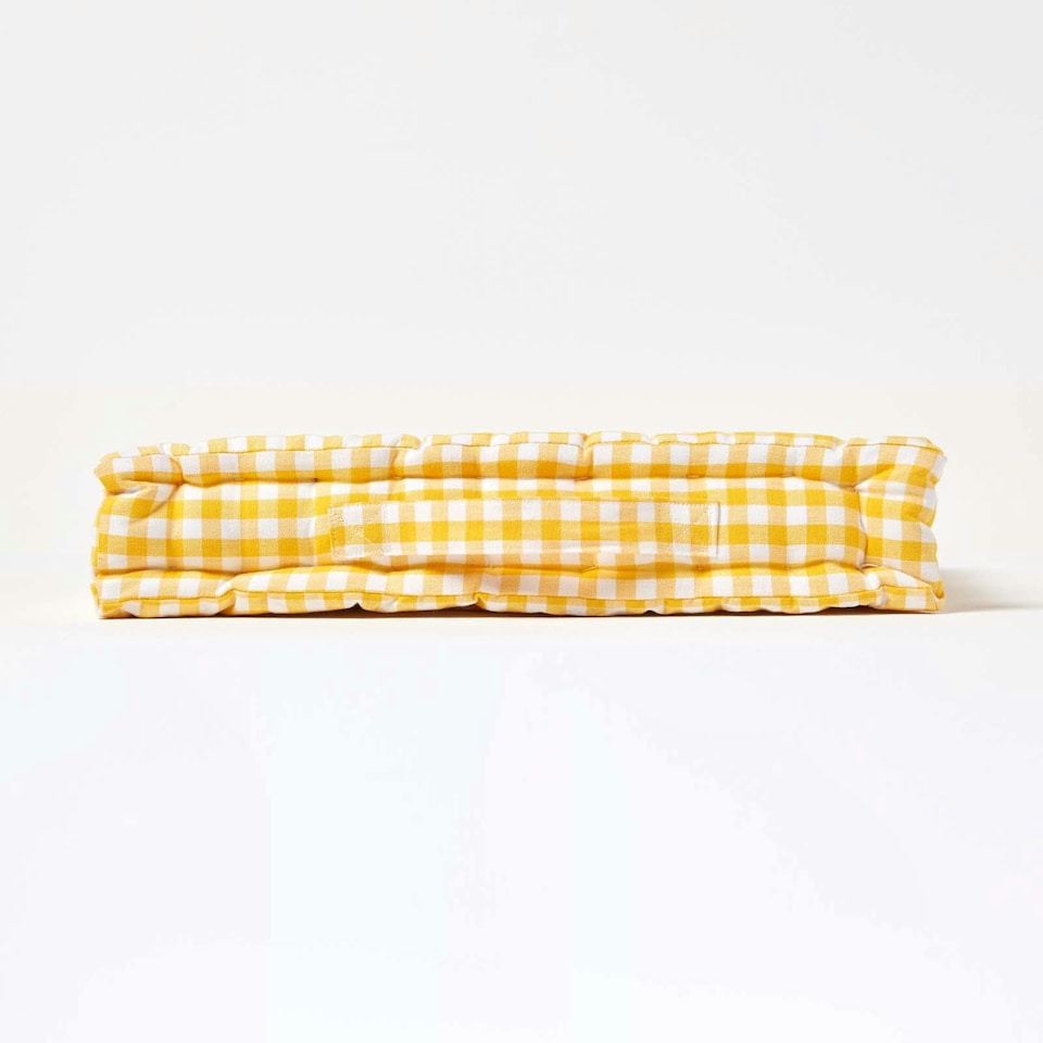 image 1 of Homescapes Cotton Gingham Check Yellow Floor Cushion - 40 x 40 cm | Yellow | 40 x 40 cm