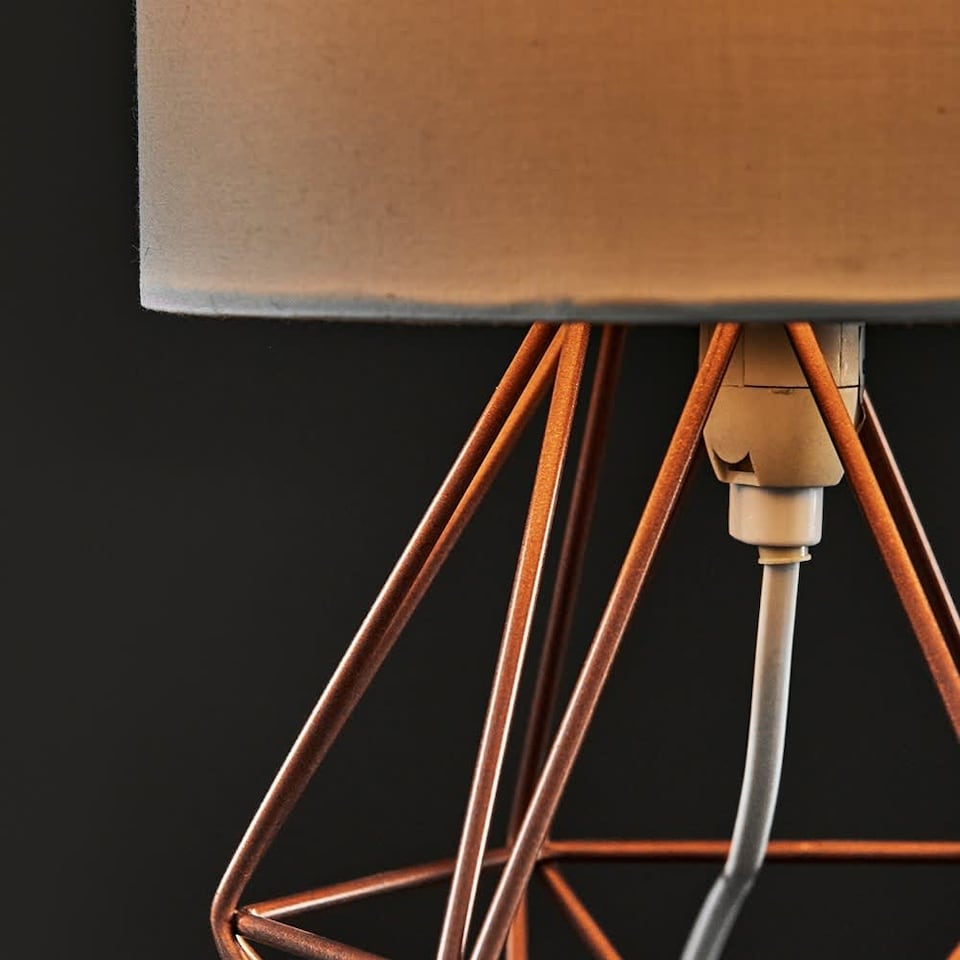 image 1 of ValueLights Mini Angus Pair Copper Metal Basket Cage Table Lamps White Shade and Bulbs