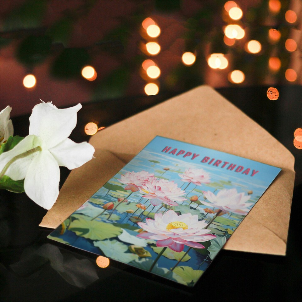 image 1 of Lotus Blooms Water Lily Pond Flowers For Her Birthday Card