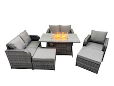 Fimous 7-seater Patio Gas Firpit Dining Table Sofa Sets Rattan Garden Furniture Dining Set with 2 Big Stools Dark Grey Mixed