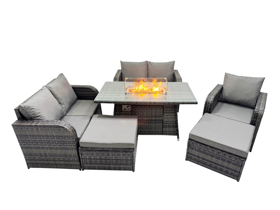 image 1 of Fimous 7-seater Patio Gas Firpit Dining Table Sofa Sets Rattan Garden Furniture Dining Set with 2 Big Stools Dark Grey Mixed