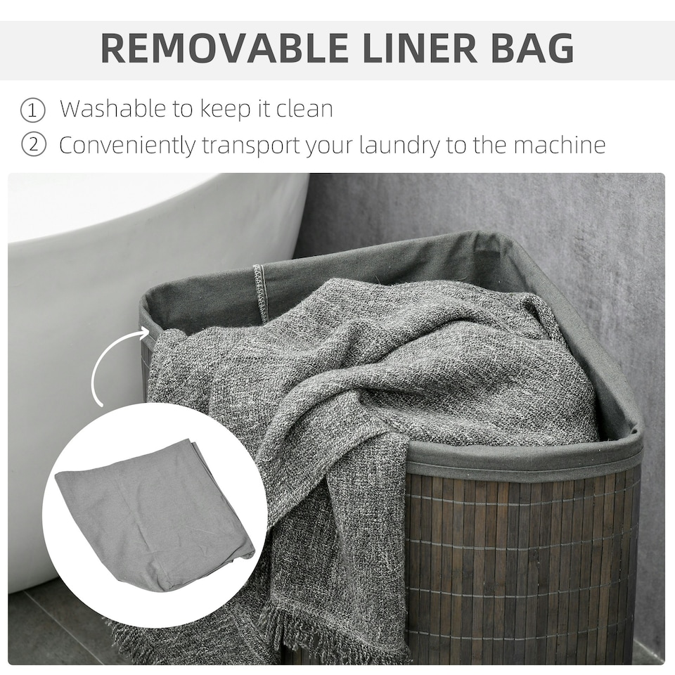 image 1 of HOMCOM 55L Bamboo Corner Laundry Hamper Bamboo Laundry Basket 38x38x57cm Grey