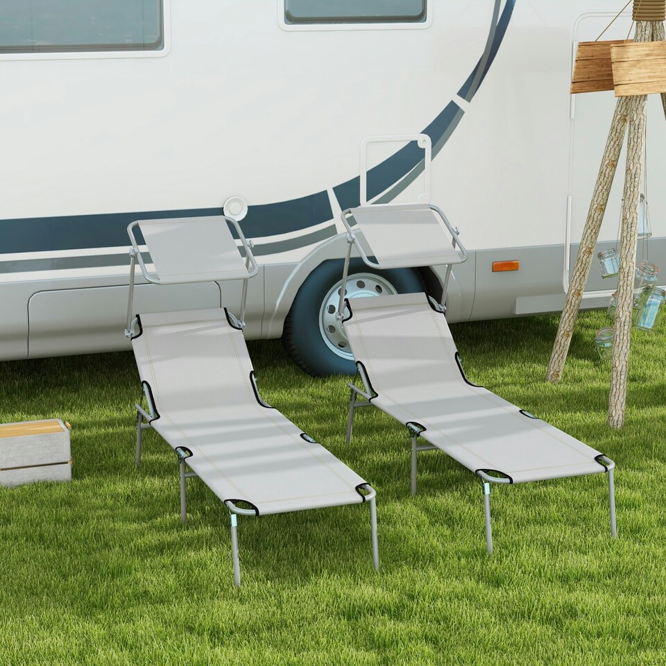 image 1 of Outsunny Folding Sun Lounger Set of 2 w/ Sunshade Adjustable Backrest Light Grey
