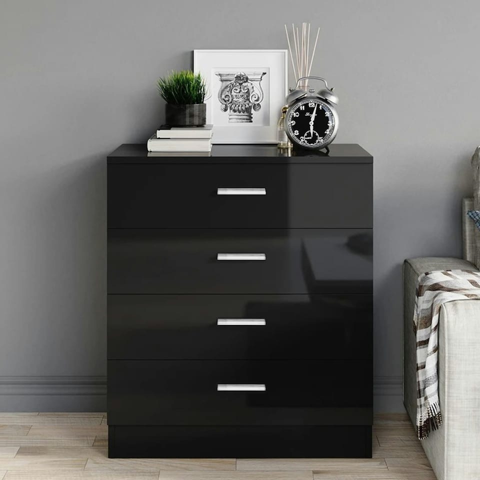image 1 of Modern 4-Drawer Chest of Drawers High Gloss Finish In Black Black