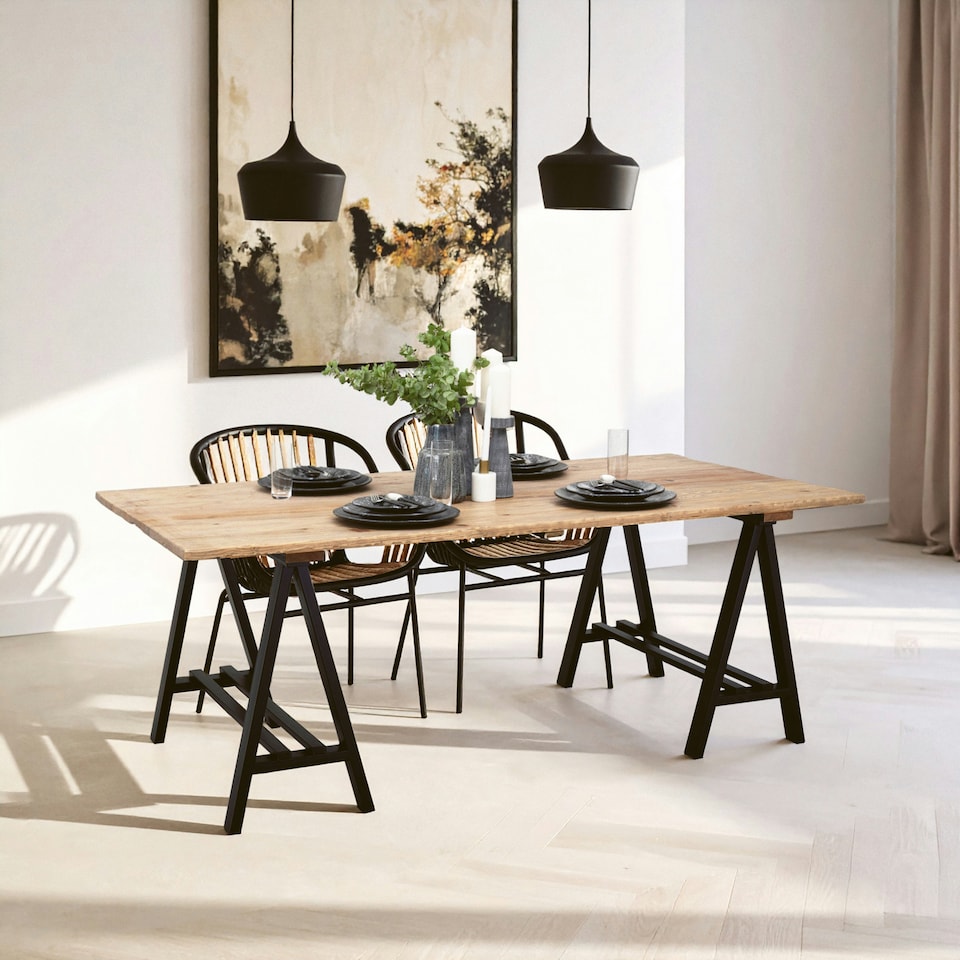 image 1 of Interiors By Premier Sturdy Pine Wood And Iron Dining Table, A-Frame Legs Small Dining Table, Elegant Kitchen Table For Dinner Cream
