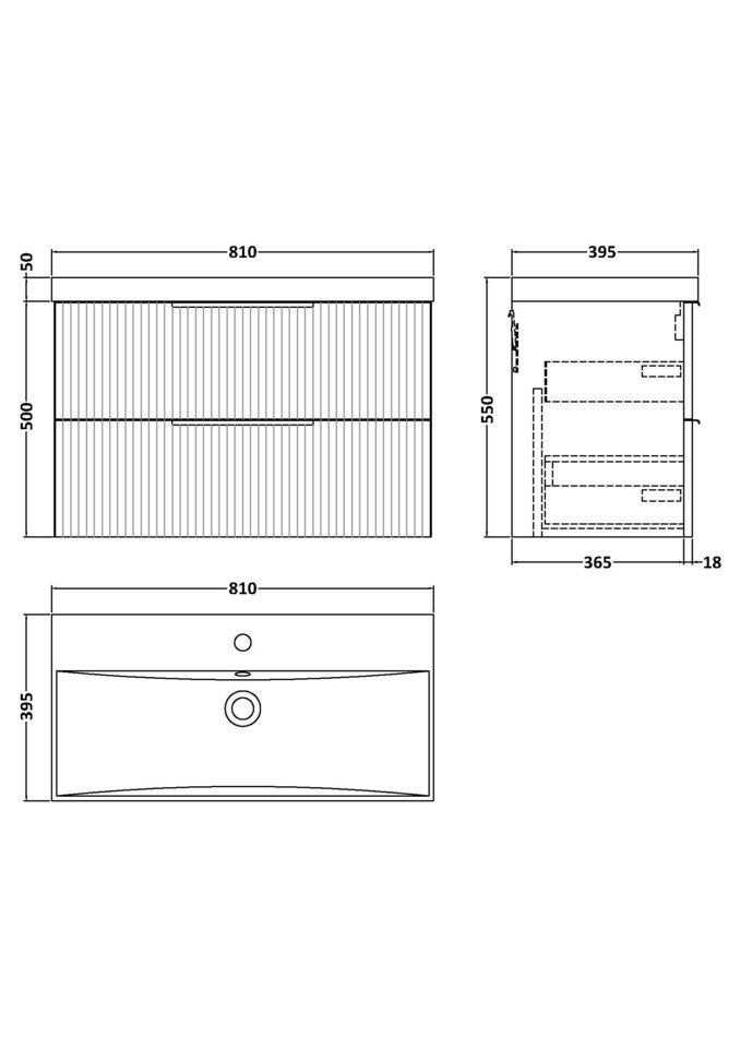 image 1 of Balterley Tixall Fluted 2 Drawer Wall Hung Vanity Unit with Thin Edge Basin, Satin White, 800mm