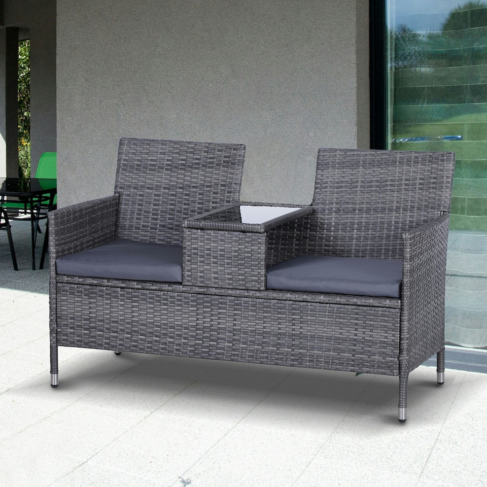 image 1 of Outsunny Rattan Chair Garden Furniture Patio Companion Love Seat Table Grey