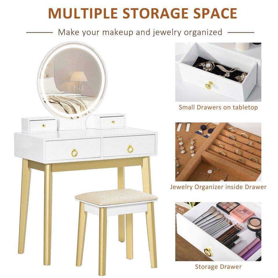 image 1 of HOMCOM Dressing Table Set With LED Mirror, Stool & 4 Drawers Makeup Desk White