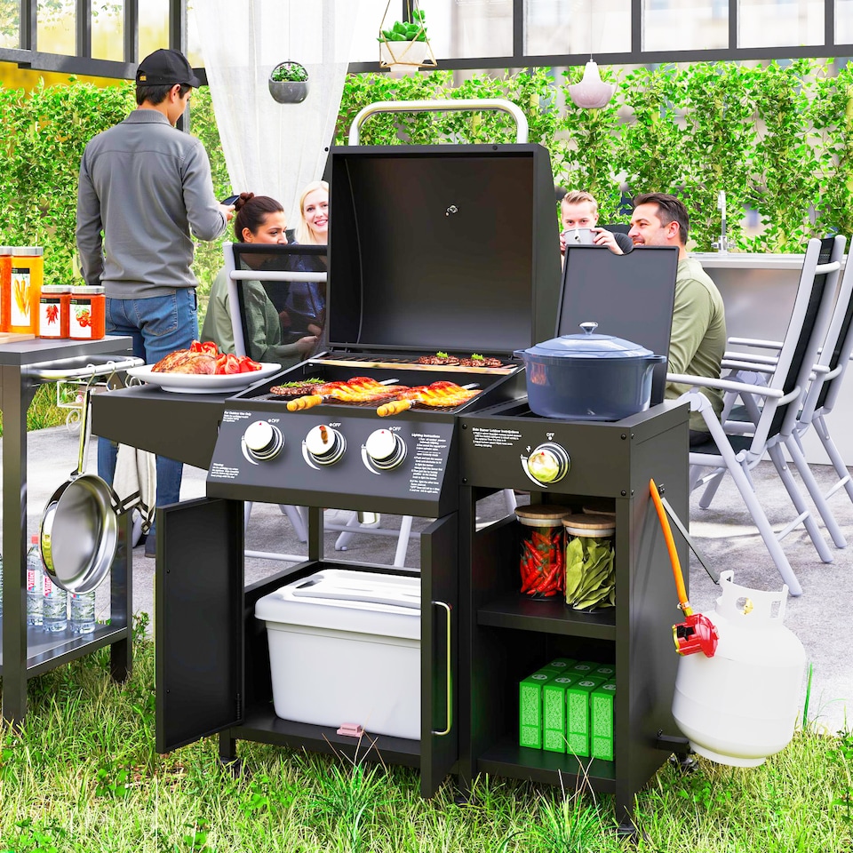 image 1 of Outsunny 9.5 kW Gas Barbecue with Burner, Storage Cabinet and Shelves