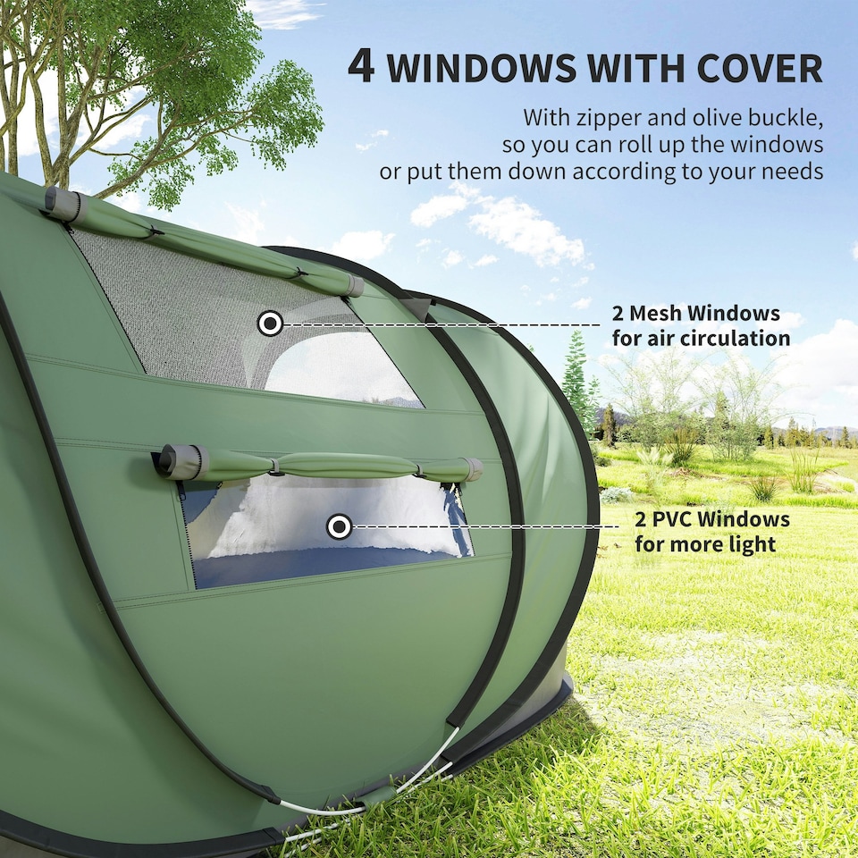 image 1 of Outsunny Camping Tent Dome Pop-up Tent with Windows for 4-5 Person Dark Green