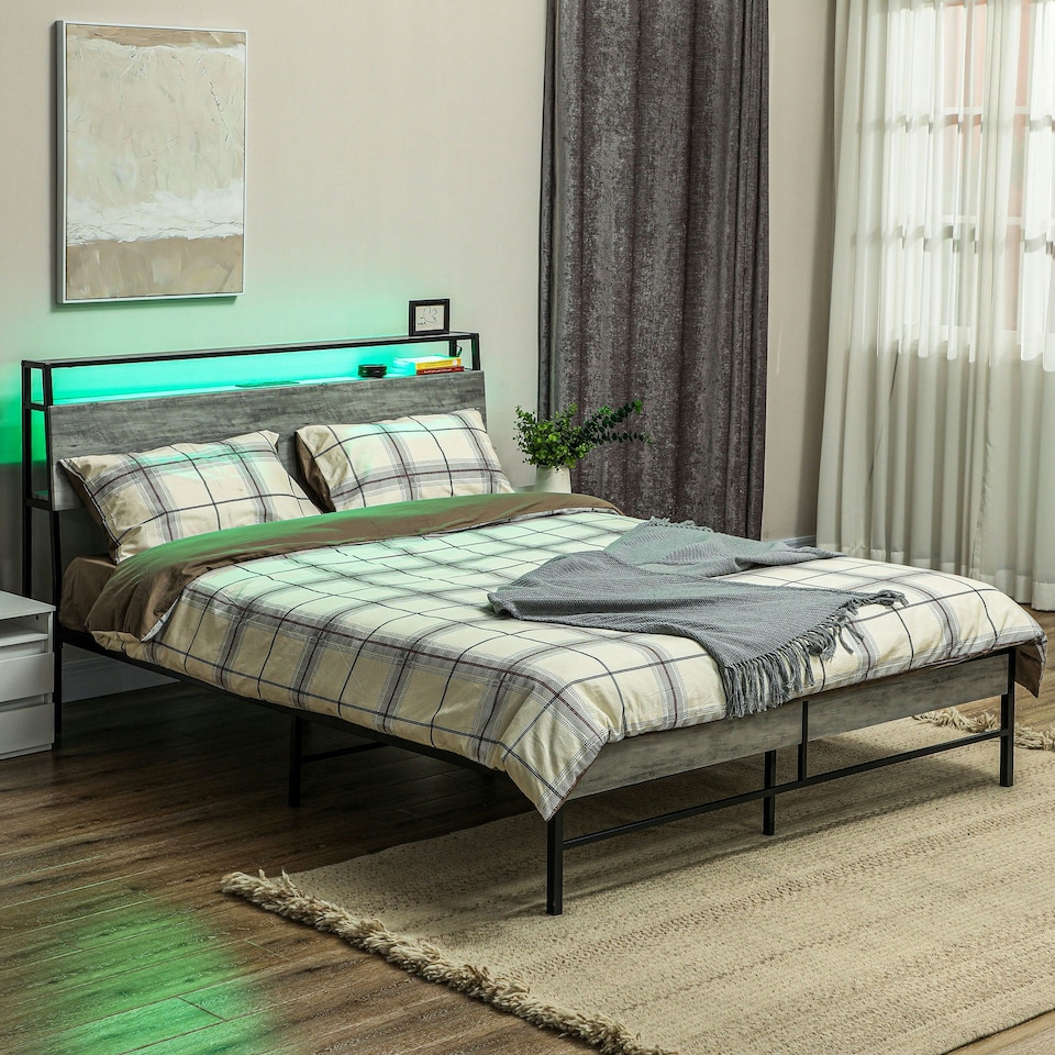 image 1 of HOMCOM LED King Bed Frame with Charging Station, 150 x 200cm, Cement Grey