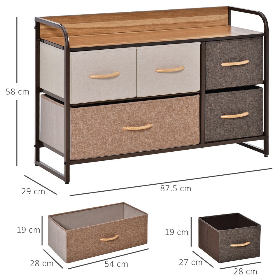 image 1 of HOMCOM 5-Drawer Dresser, Linen Fabric Chest of Drawers, Dresser Tower Unit for Bedroom Hallway Entryway, Storage Organizer with Steel Frame Wooden Top