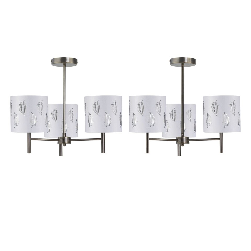 image 1 of Set of 2 Brea - Antique Brass 3 Light Fittings with White Fern Shades | Yellow | White | 2