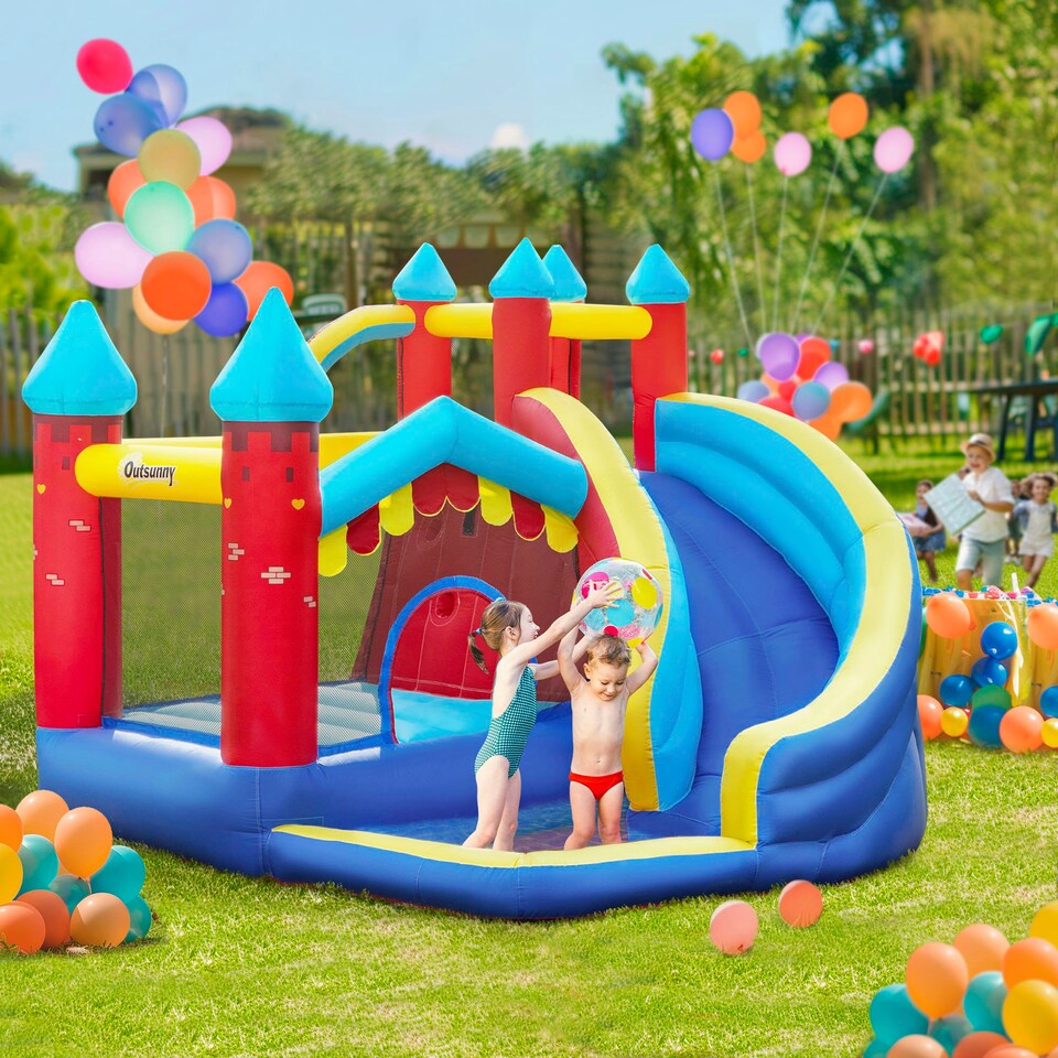 image 1 of Outsunny Kids Bouncy Castle w/ Slide, Pool, Trampoline, Climbing Wall, Blower