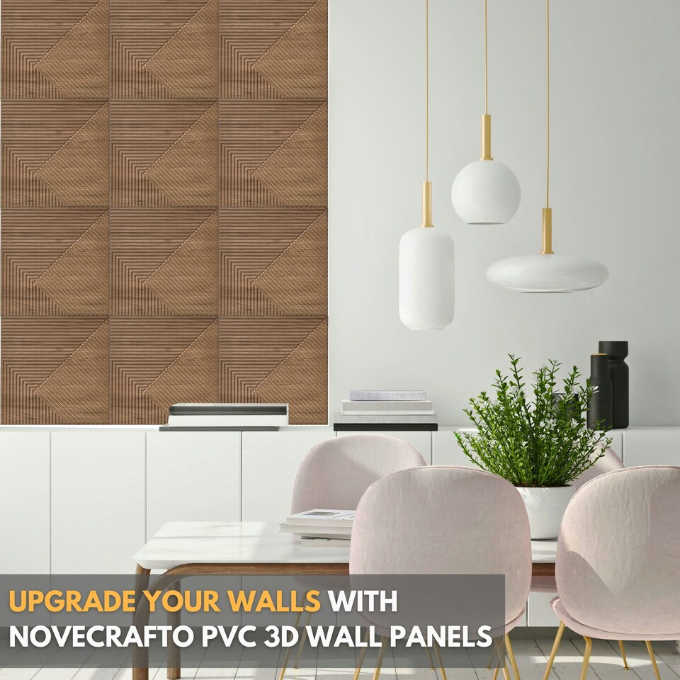 image 1 of NOVECRAFTO Chevron Line 3D Wall Panels – 6 Sheets Covering 1.5 sqm (16.15 sqft) – Decorative PVC Cladding Tiles 50x50cm – Matte Wood & Black Design Wooden