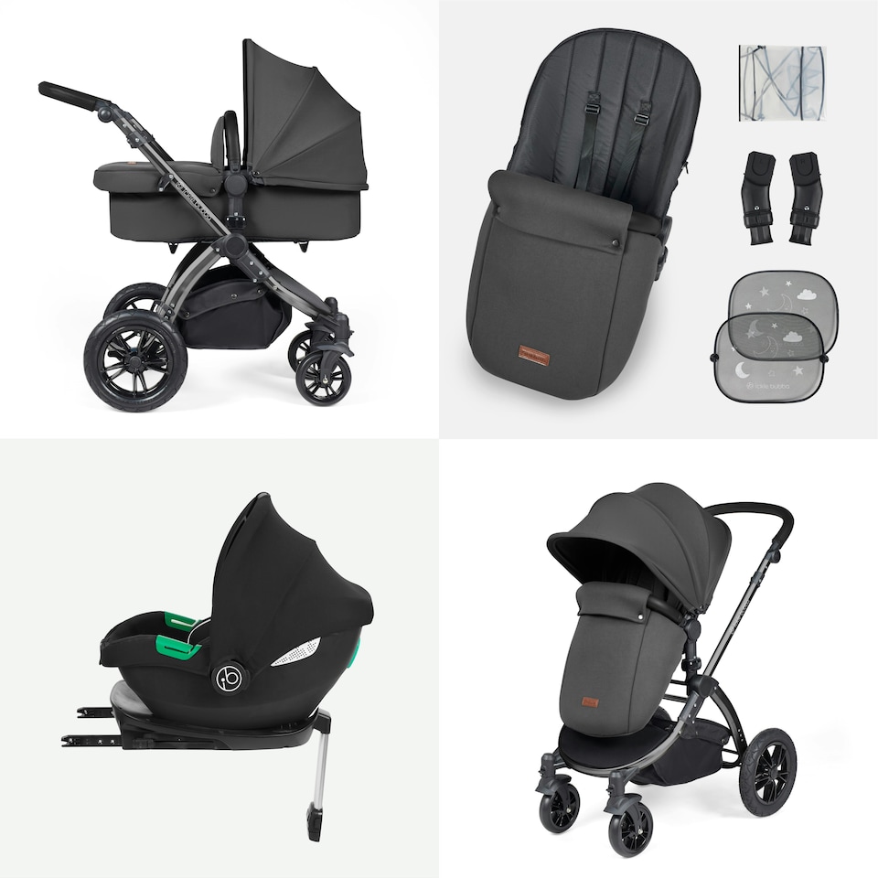 image 1 of Stomp Luxe 12pc Travel System with Cirrus i-Size Car Seat & ISOFIX Base, Carrycot, Reversible Seat, Rain Cover & More (Black/Charcoal Grey/Black)