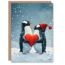 Gentoo Penguins Couple Love Heart Blank For Him Or Her Art Xmas Festive Christmas Card