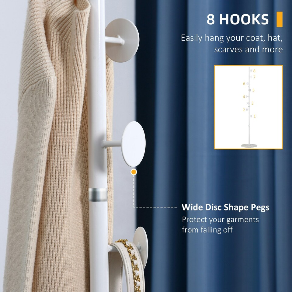 image 1 of HOMCOM Steel Coat Stand Rack Marble Base 8 Hook for Living Room Entryway,White