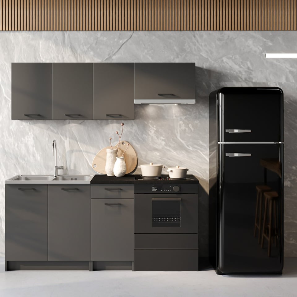 image 1 of Lina Kitchen Cabinets 5 Unit Set Sink, Base & Wall Units - Black Grey 1800mm
