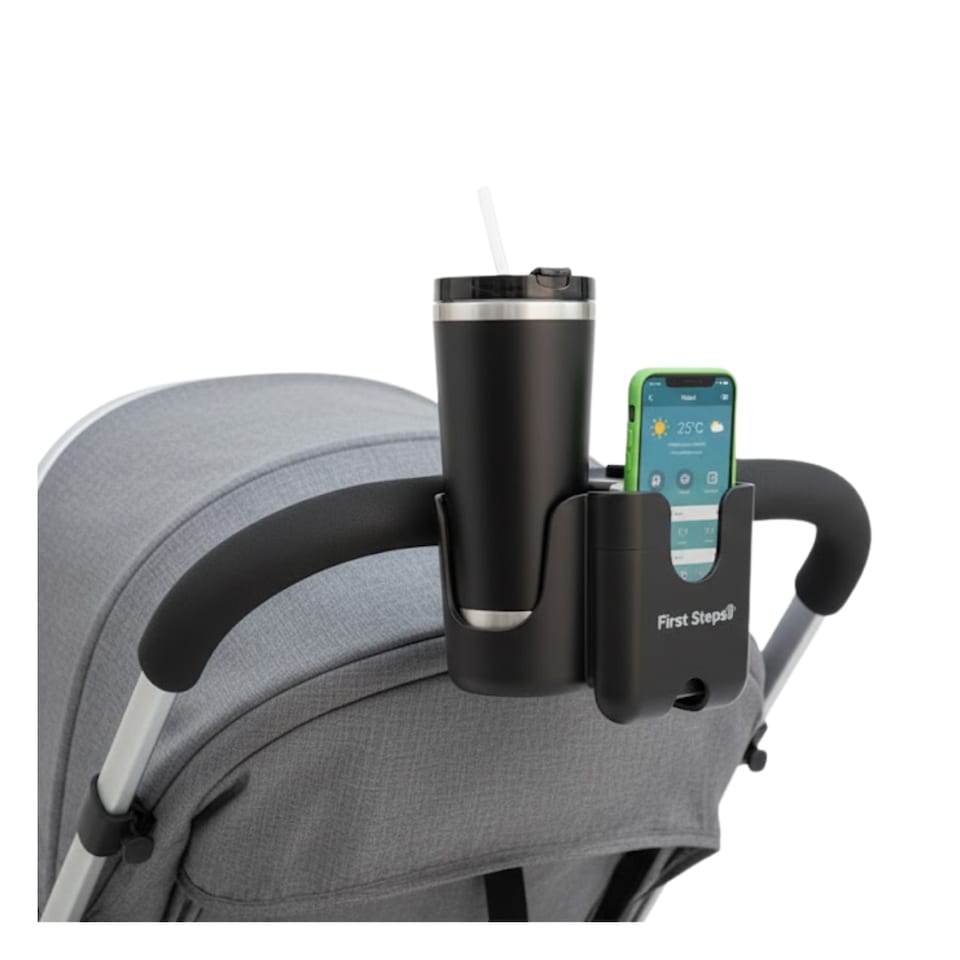 image 1 of Pram Phone & Cup Holder Bottles Hands Free Stroller Accessory Adjustable Clamp