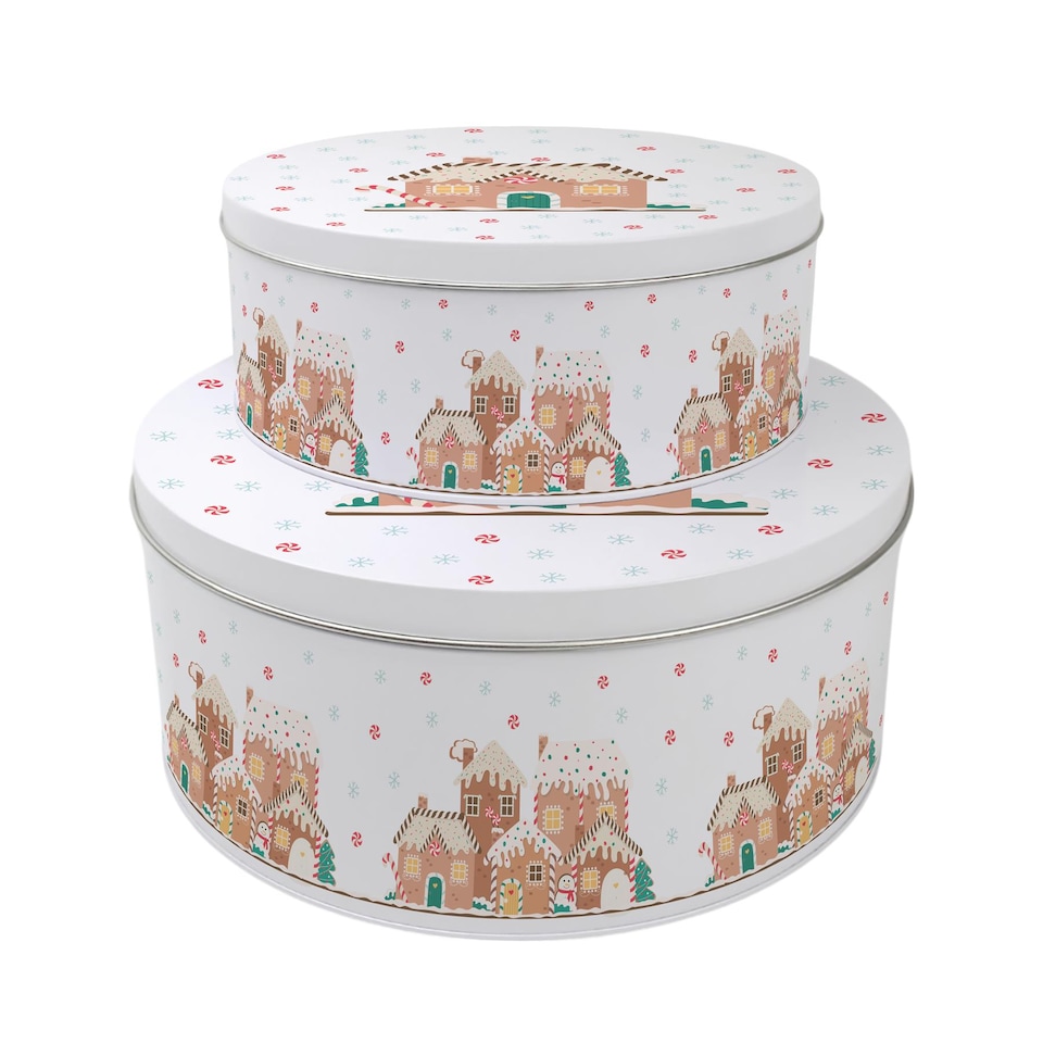 image 1 of Gingerbread Houses Round Christmas Cake Tin Set