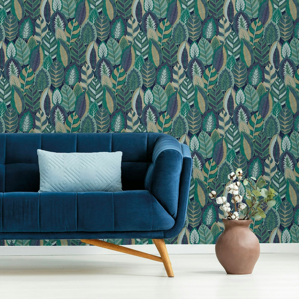 image 1 of Sublime Arty Leaves Blue Wallpaper Blue | Blue